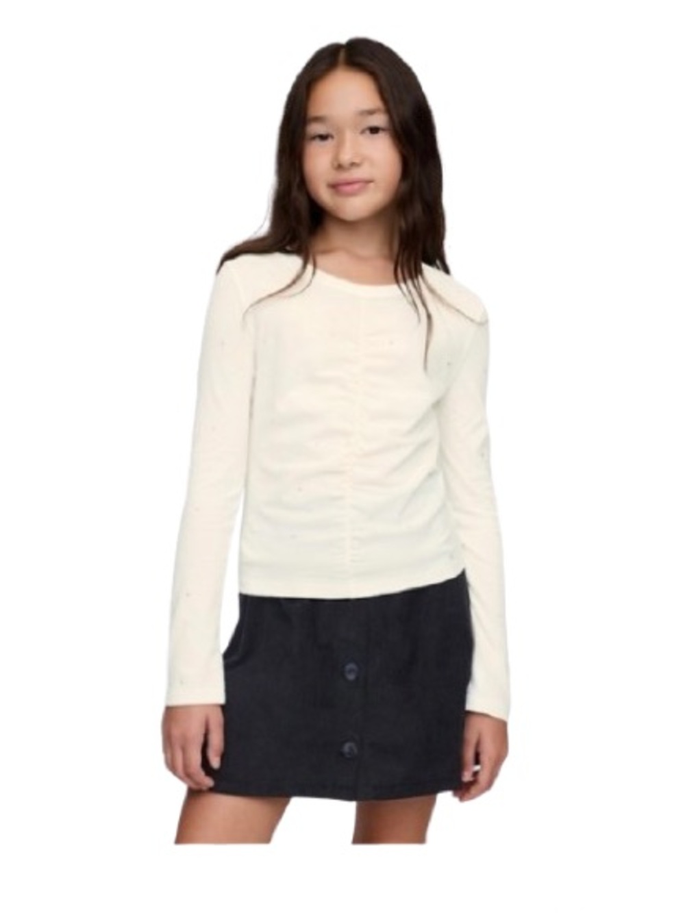 GAP Girl's L(10-11) Cream Ivory Long-Sleeve Cotton Top with Subtle Front Detail